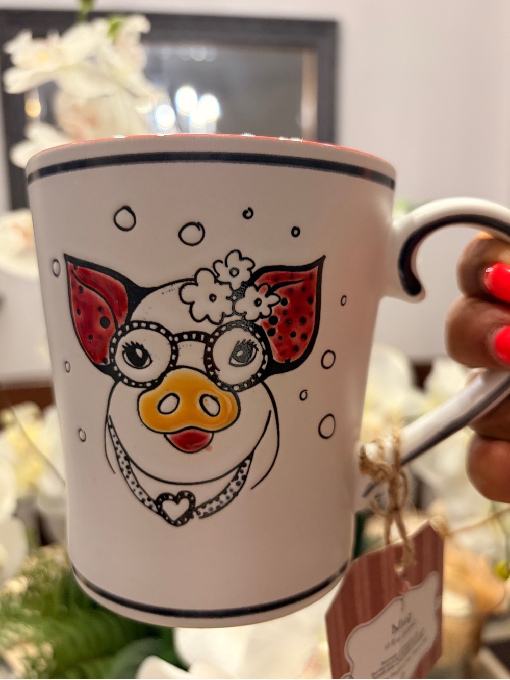 White Pig Face Ceramic Mug with Red and Yellow Accents
